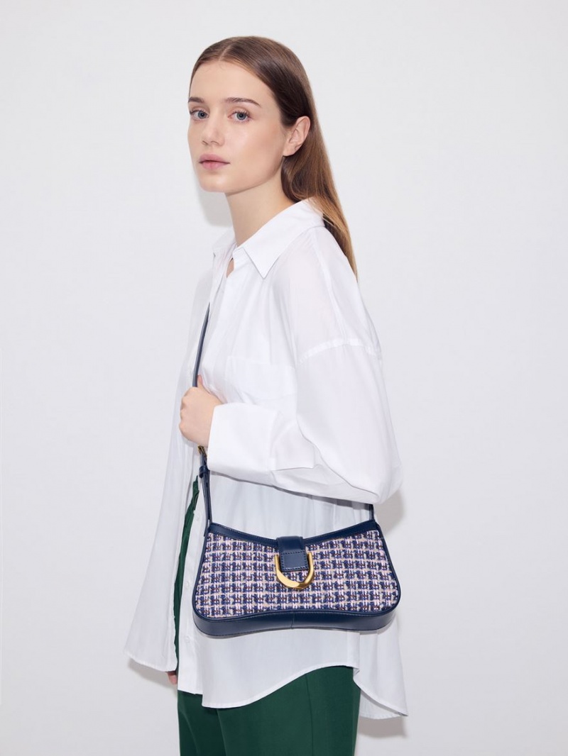 τσάντεσ ώμου Charles And Keith Gabine Tweed Curved σκουρο μπλε | 43592-OBAQ