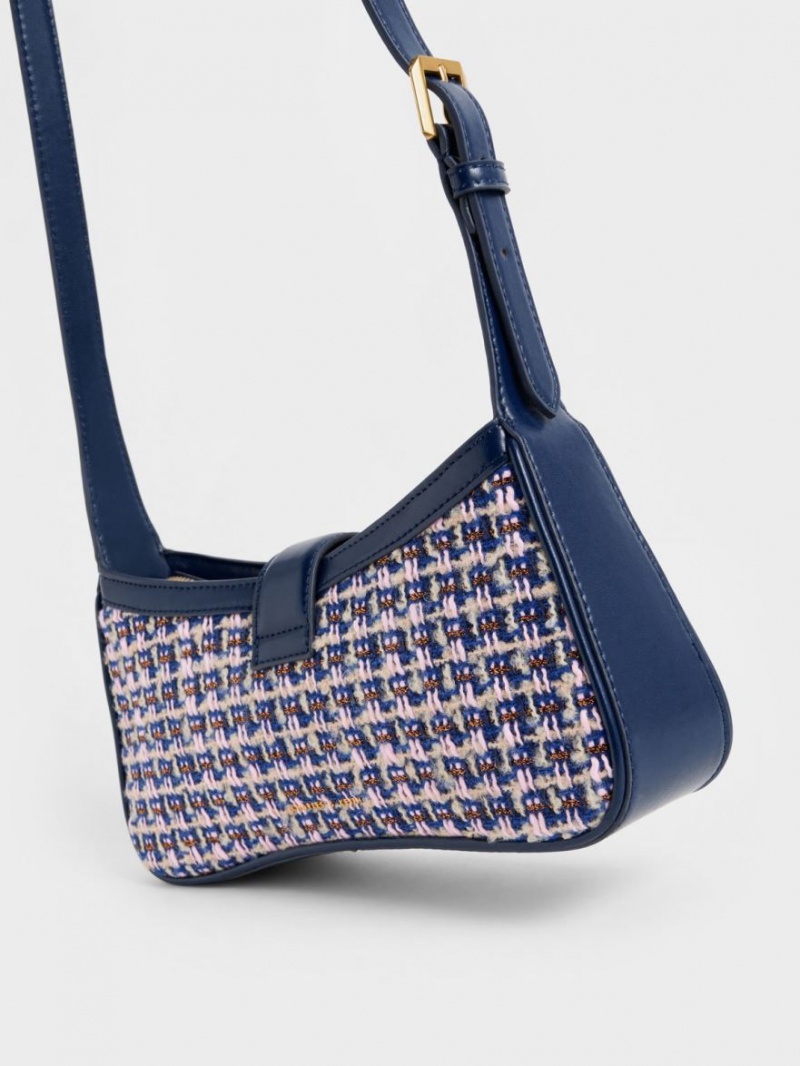 τσάντεσ ώμου Charles And Keith Gabine Tweed Curved σκουρο μπλε | 43592-OBAQ