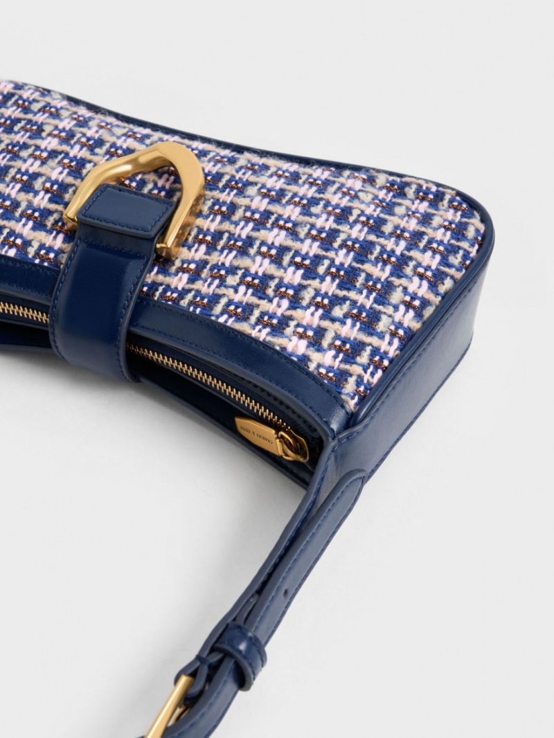 τσάντεσ ώμου Charles And Keith Gabine Tweed Curved σκουρο μπλε | 43592-OBAQ
