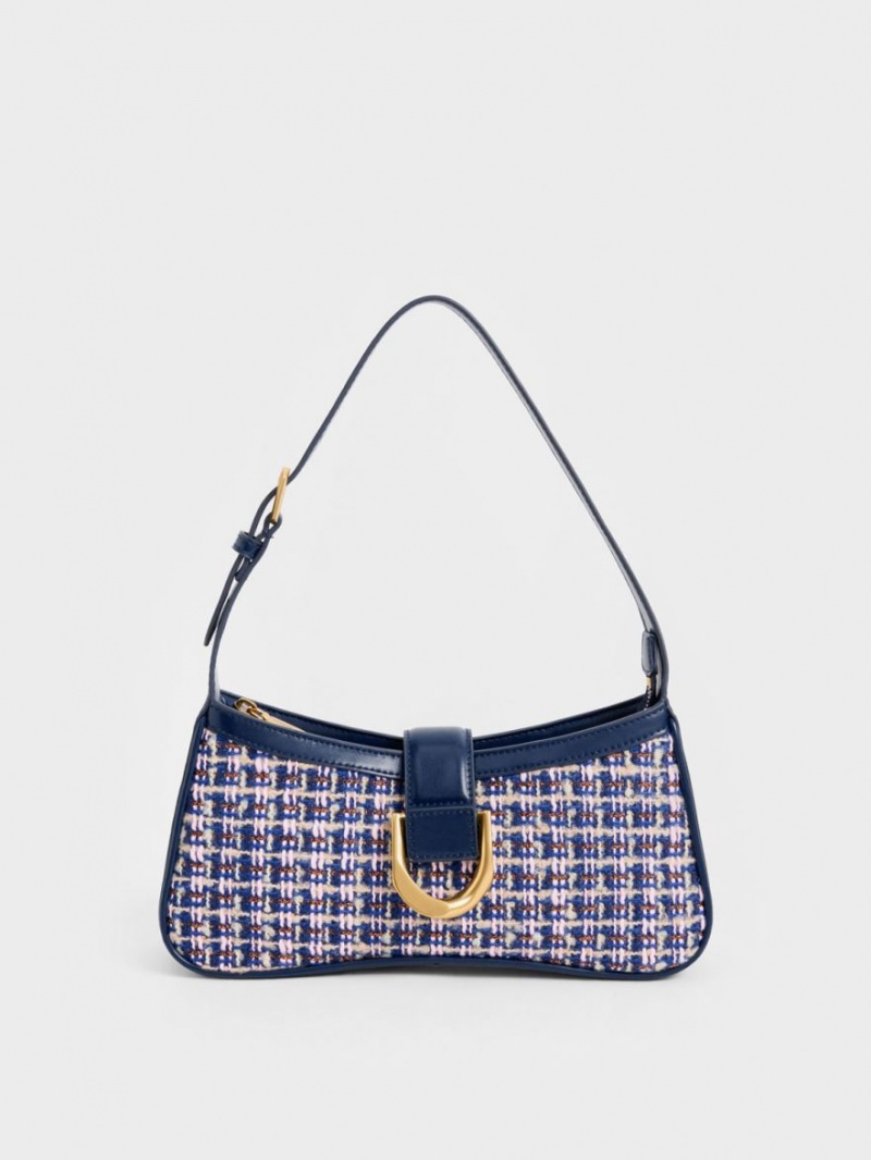 τσάντεσ ώμου Charles And Keith Gabine Tweed Curved σκουρο μπλε | 43592-OBAQ