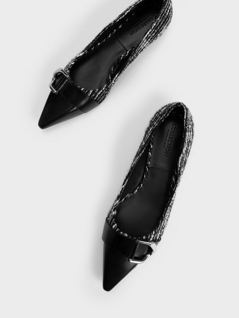 Παπουτσια Μπαλαρινεσ Charles And Keith Gabine Tweed & δερματινα toe-Cap μαυρα | 87032-PLHM