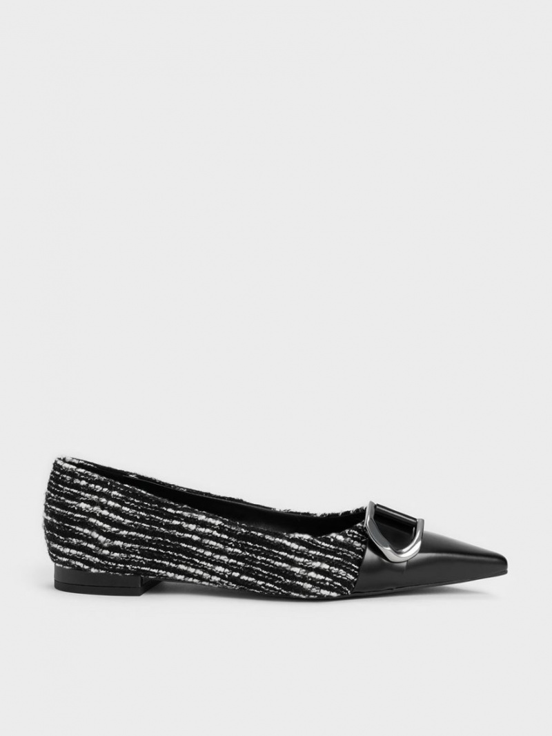 Παπουτσια Μπαλαρινεσ Charles And Keith Gabine Tweed & δερματινα toe-Cap μαυρα | 87032-PLHM