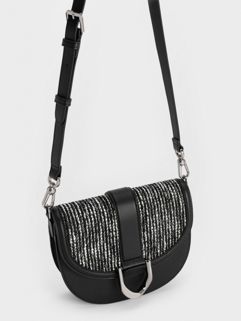 Τσάντες Σέλας Charles And Keith Gabine δερματινα & Tweed μαυρα | 17902-YTBZ