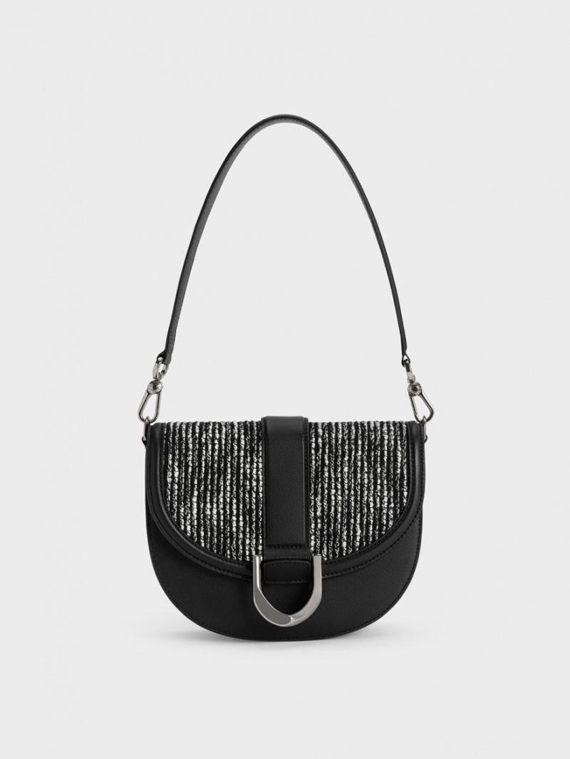 Τσάντες Σέλας Charles And Keith Gabine δερματινα & Tweed μαυρα | 17902-YTBZ