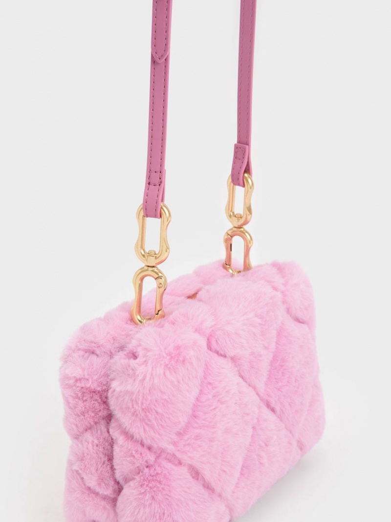 τσάντεσ χιαστί Charles And Keith Gemma Χοντρός Chain Handle Furry Καπιτονέ Boxy ροζ | 40215-YMTB