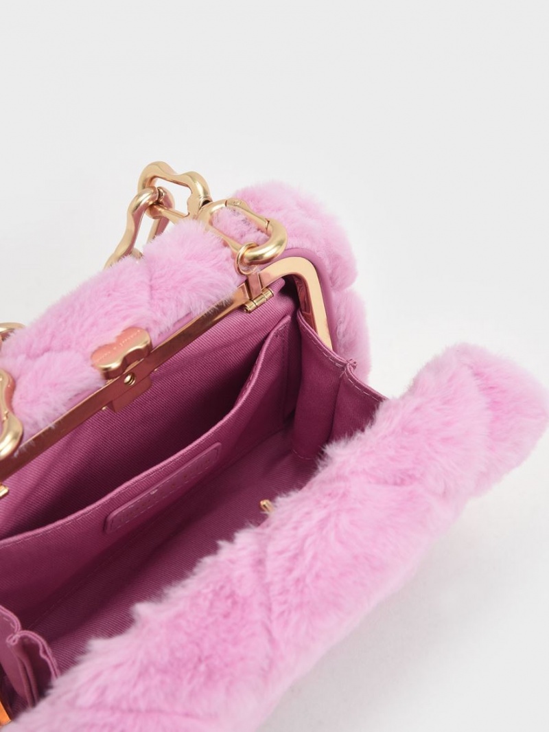 τσάντεσ χιαστί Charles And Keith Gemma Χοντρός Chain Handle Furry Καπιτονέ Boxy ροζ | 40215-YMTB