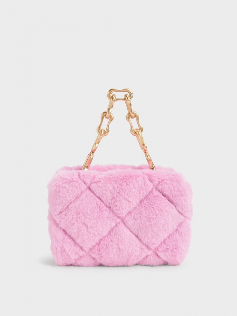 τσάντεσ χιαστί Charles And Keith Gemma Χοντρός Chain Handle Furry Καπιτονέ Boxy ροζ | 40215-YMTB