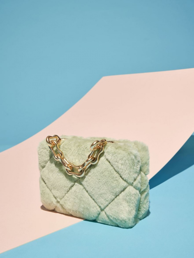 τσάντεσ χιαστί Charles And Keith Gemma Χοντρός Chain Handle Furry Καπιτονέ Boxy μεντα | 46851-EROM