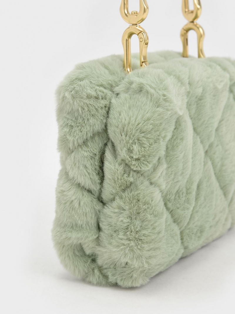 τσάντεσ χιαστί Charles And Keith Gemma Χοντρός Chain Handle Furry Καπιτονέ Boxy μεντα | 46851-EROM