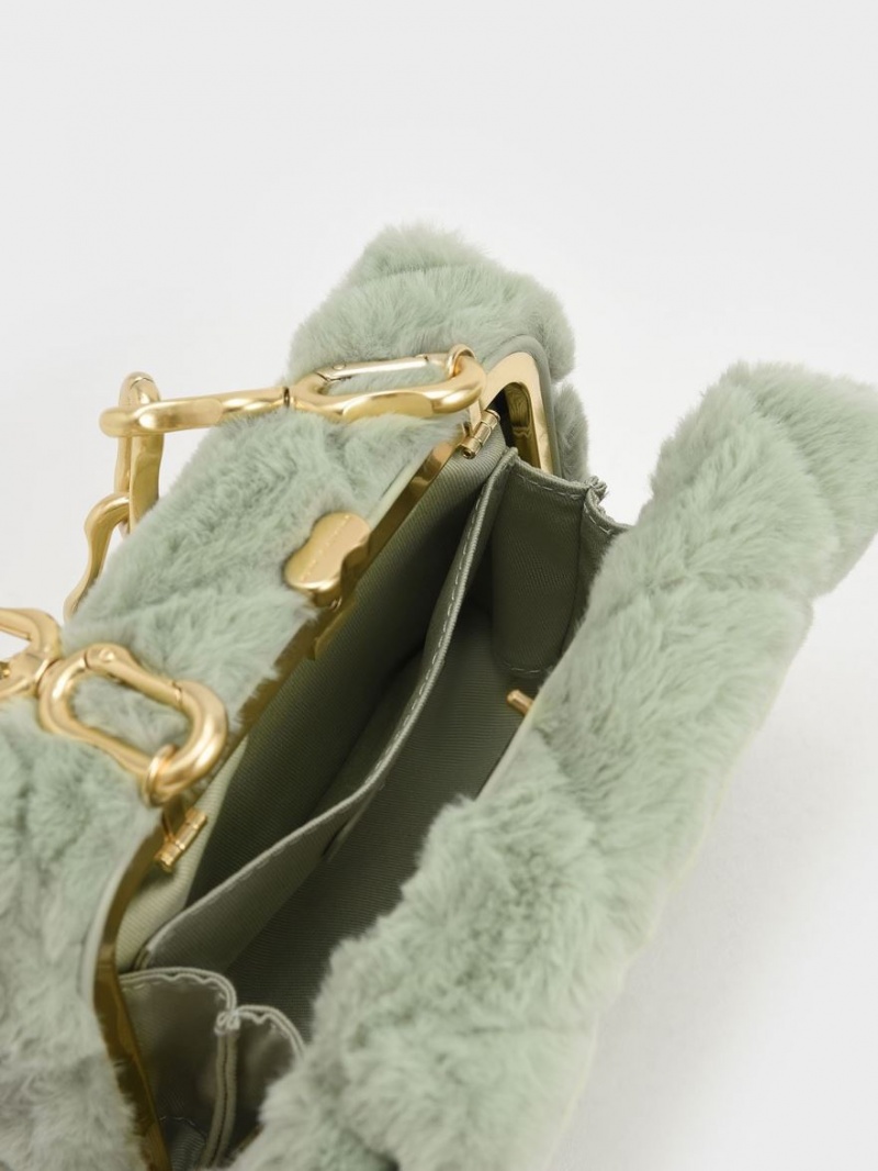 τσάντεσ χιαστί Charles And Keith Gemma Χοντρός Chain Handle Furry Καπιτονέ Boxy μεντα | 46851-EROM