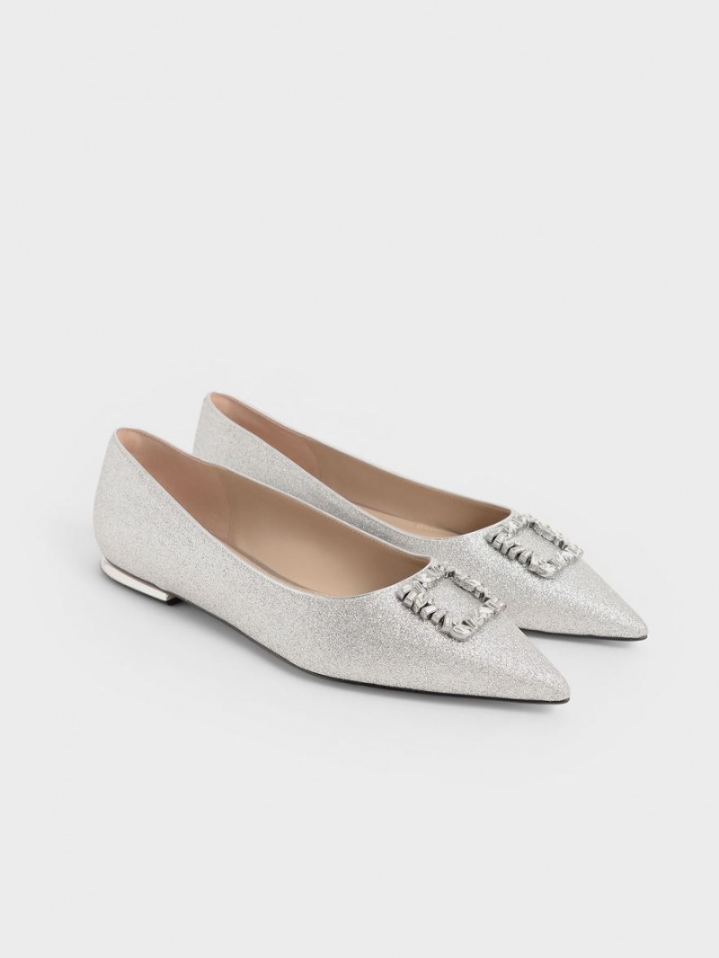 Παπουτσια Μπαλαρινεσ Charles And Keith Glitter Gem-Embellished ασημι | 42031-XNSB