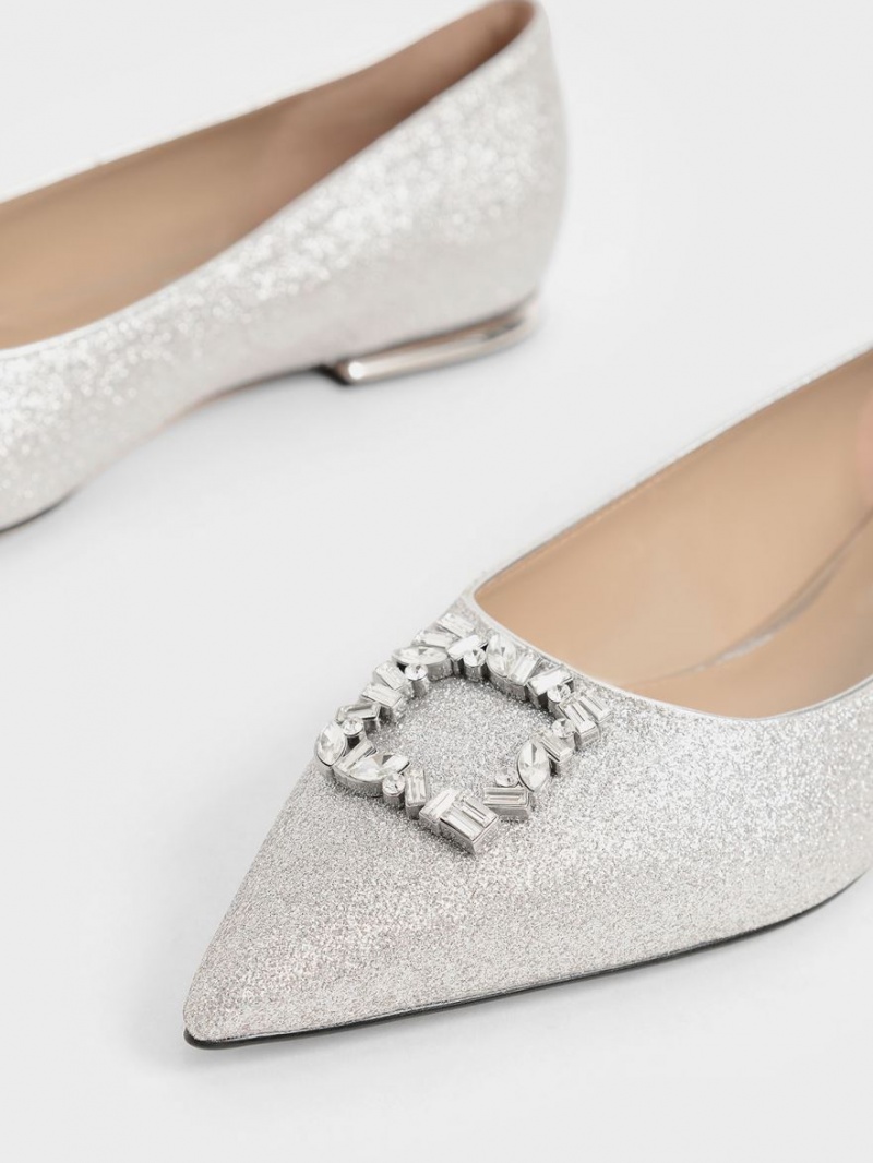 Παπουτσια Μπαλαρινεσ Charles And Keith Glitter Gem-Embellished ασημι | 42031-XNSB