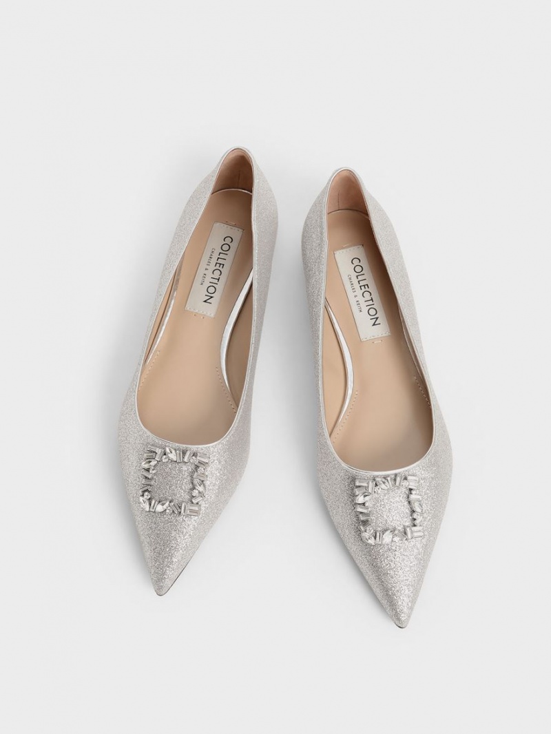 Παπουτσια Μπαλαρινεσ Charles And Keith Glitter Gem-Embellished ασημι | 42031-XNSB