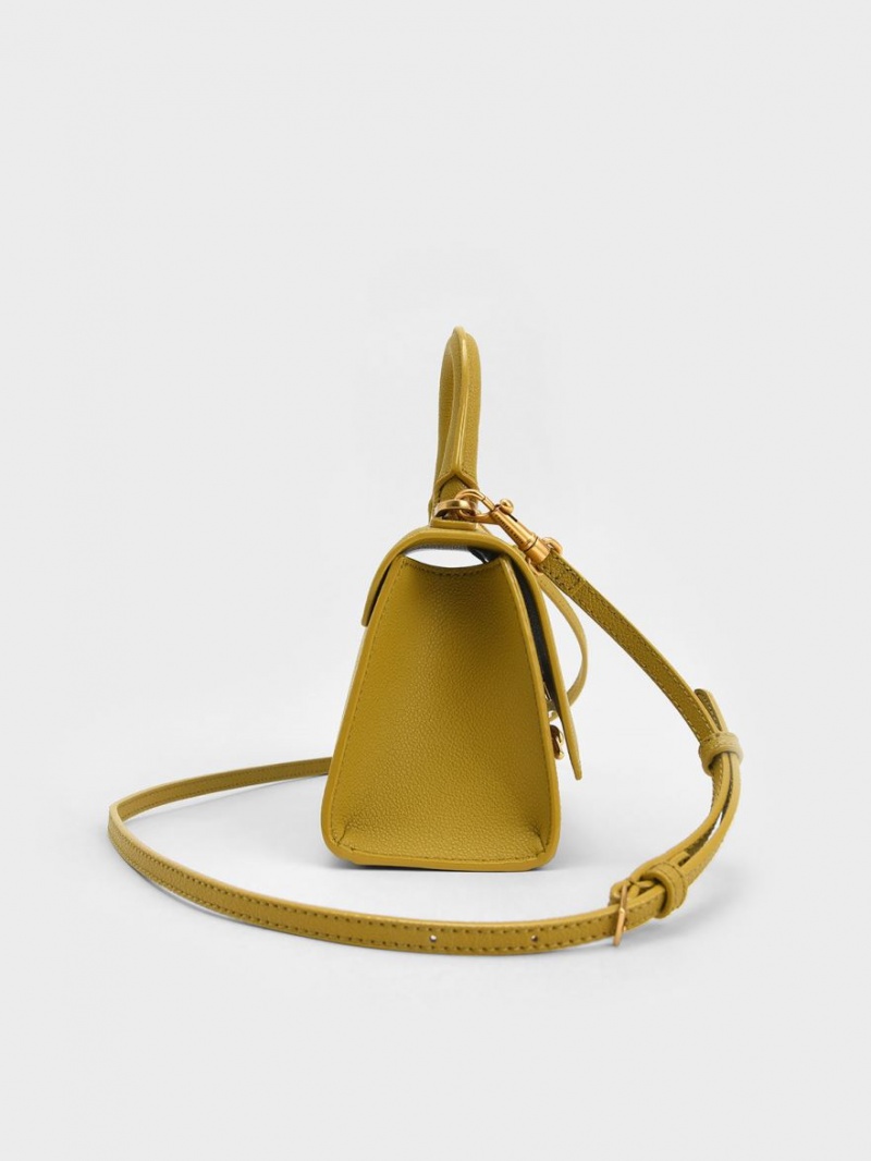 τσαντα χειροσ Charles And Keith Huxley Metallic Push-Lock Top μουστάρδα | 25018-XWPL