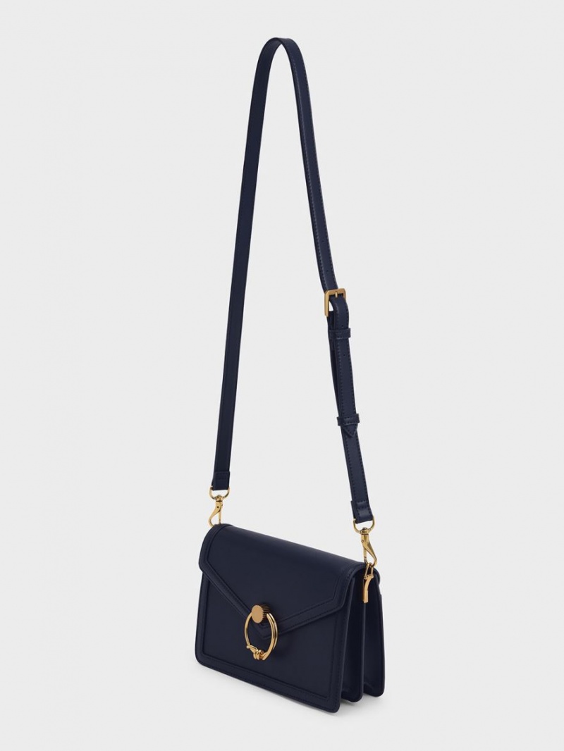 τσάντεσ ώμου Charles And Keith Joelle Ring Push-Lock Envelope σκουρο μπλε | 72168-YCGU