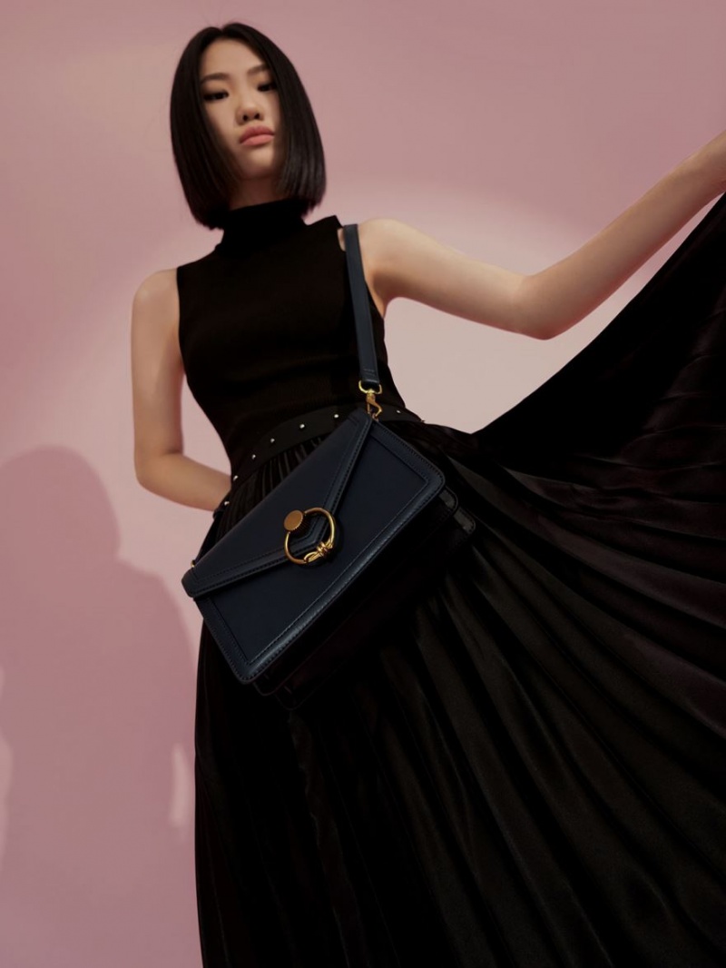 τσάντεσ ώμου Charles And Keith Joelle Ring Push-Lock Envelope σκουρο μπλε | 72168-YCGU