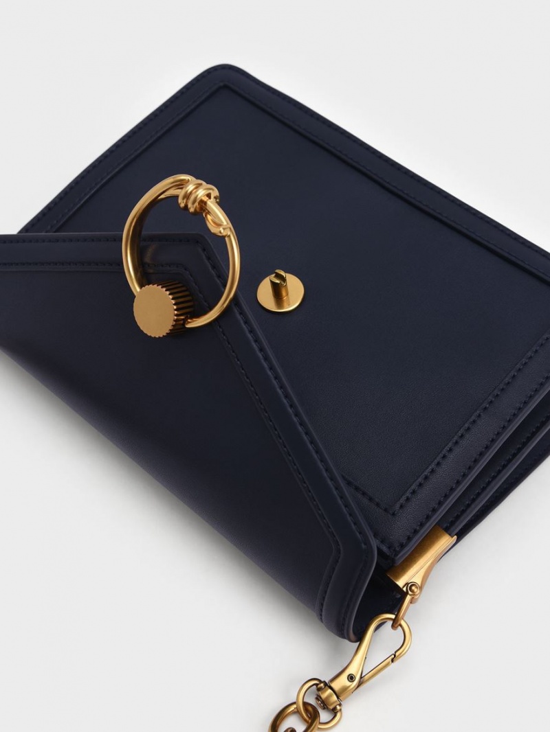 τσάντεσ ώμου Charles And Keith Joelle Ring Push-Lock Envelope σκουρο μπλε | 72168-YCGU
