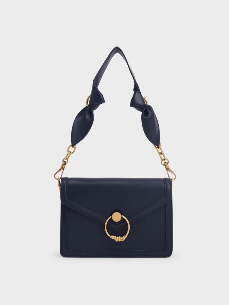 τσάντεσ ώμου Charles And Keith Joelle Ring Push-Lock Envelope σκουρο μπλε | 72168-YCGU