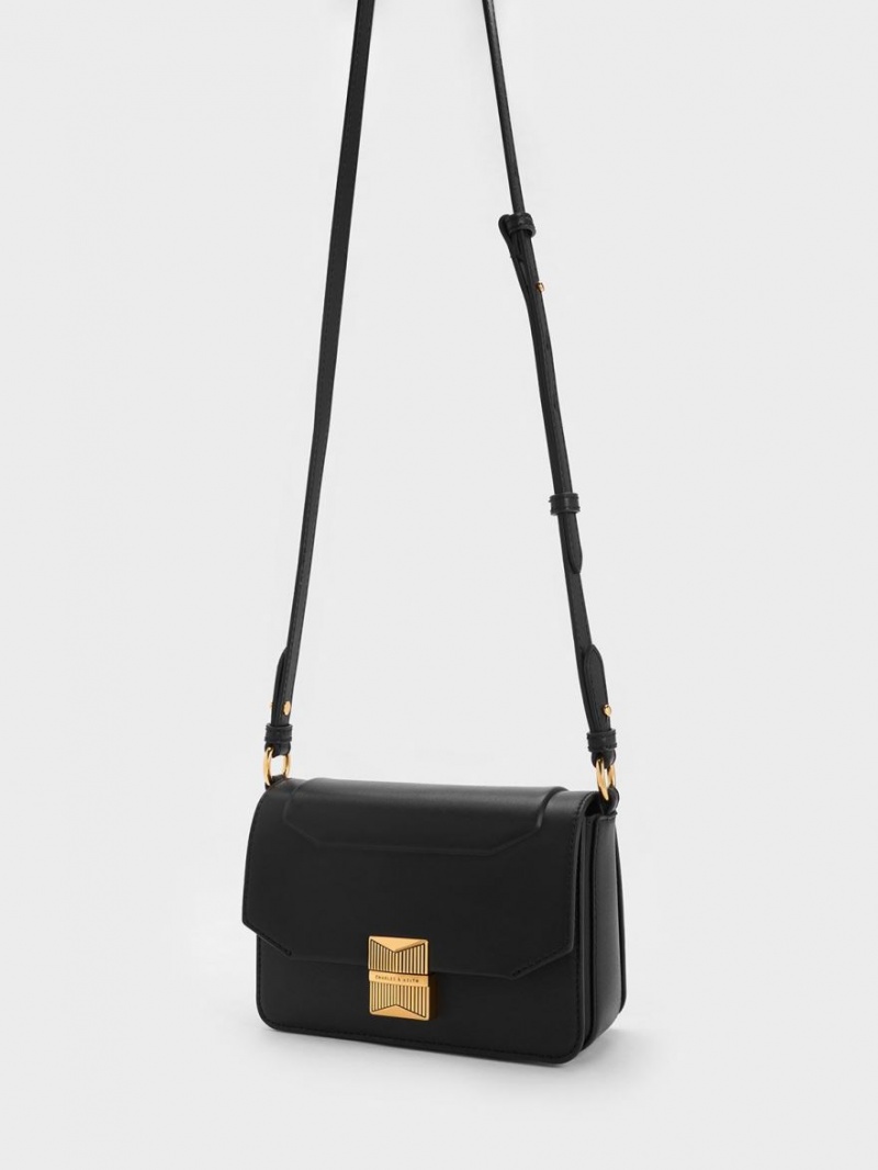 τσάντεσ ώμου Charles And Keith Kalinda Metallic Accent Boxy μαυρα | 79810-VJIE