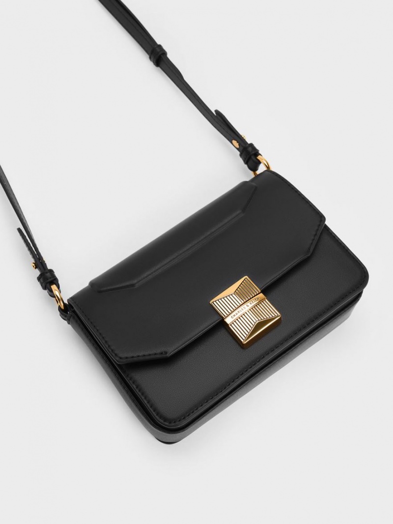 τσάντεσ ώμου Charles And Keith Kalinda Metallic Accent Boxy μαυρα | 79810-VJIE