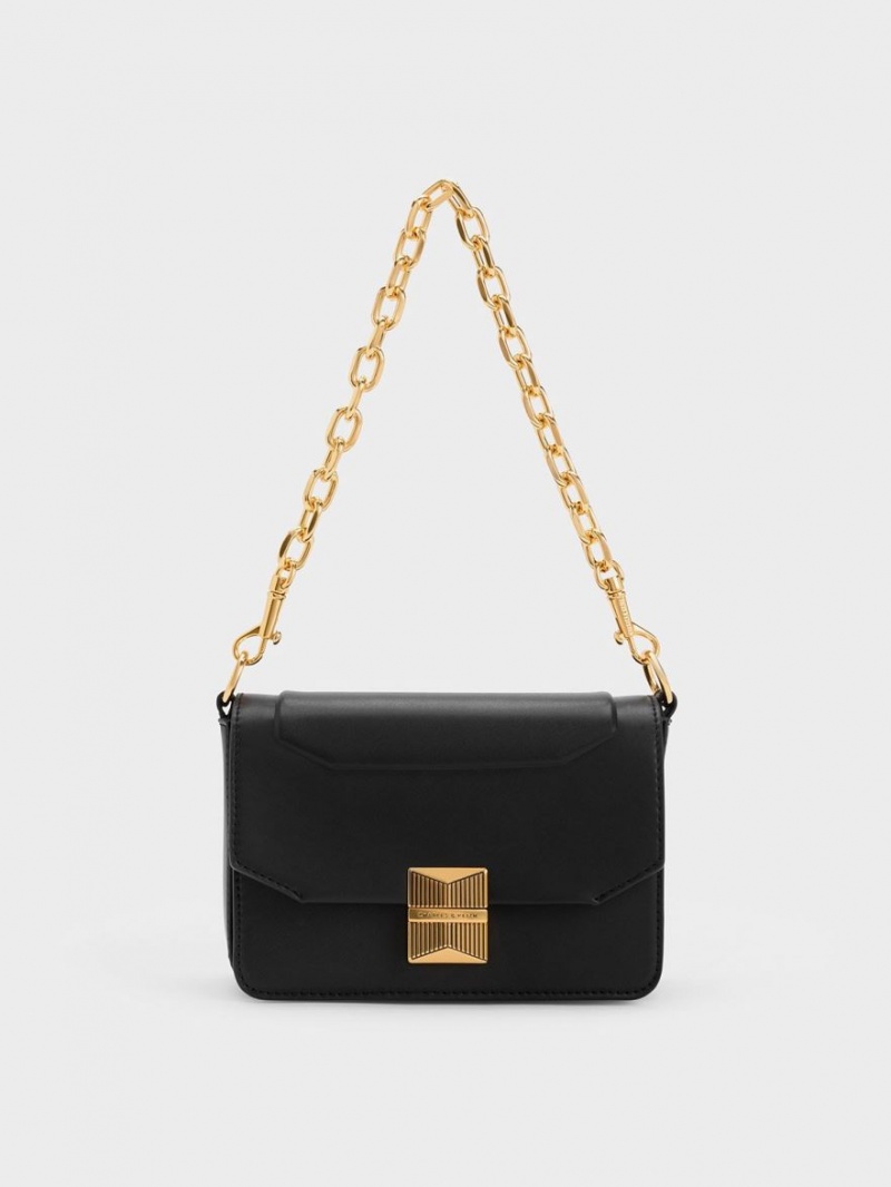 τσάντεσ ώμου Charles And Keith Kalinda Metallic Accent Boxy μαυρα | 79810-VJIE
