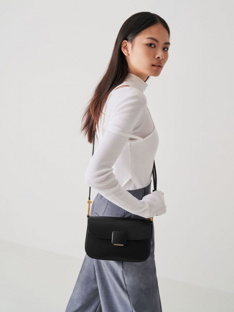 τσάντεσ ώμου Charles And Keith Koa Square Push-Lock μαυρα | 05163-ONFH