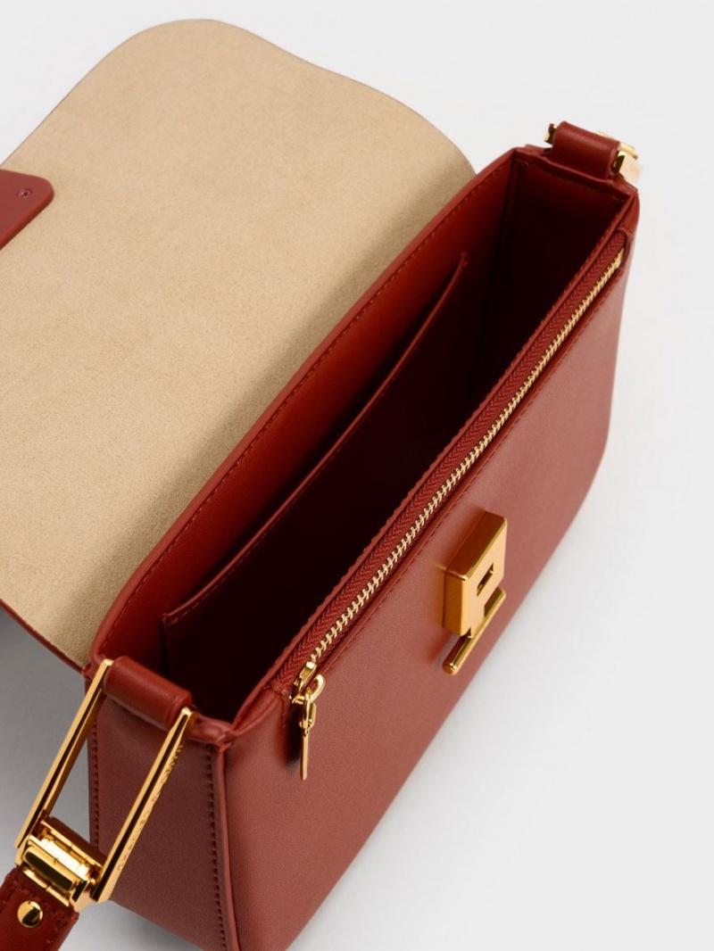 τσάντεσ ώμου Charles And Keith Koa Square Push-Lock σκούρο κοκκινα | 39810-RHAU