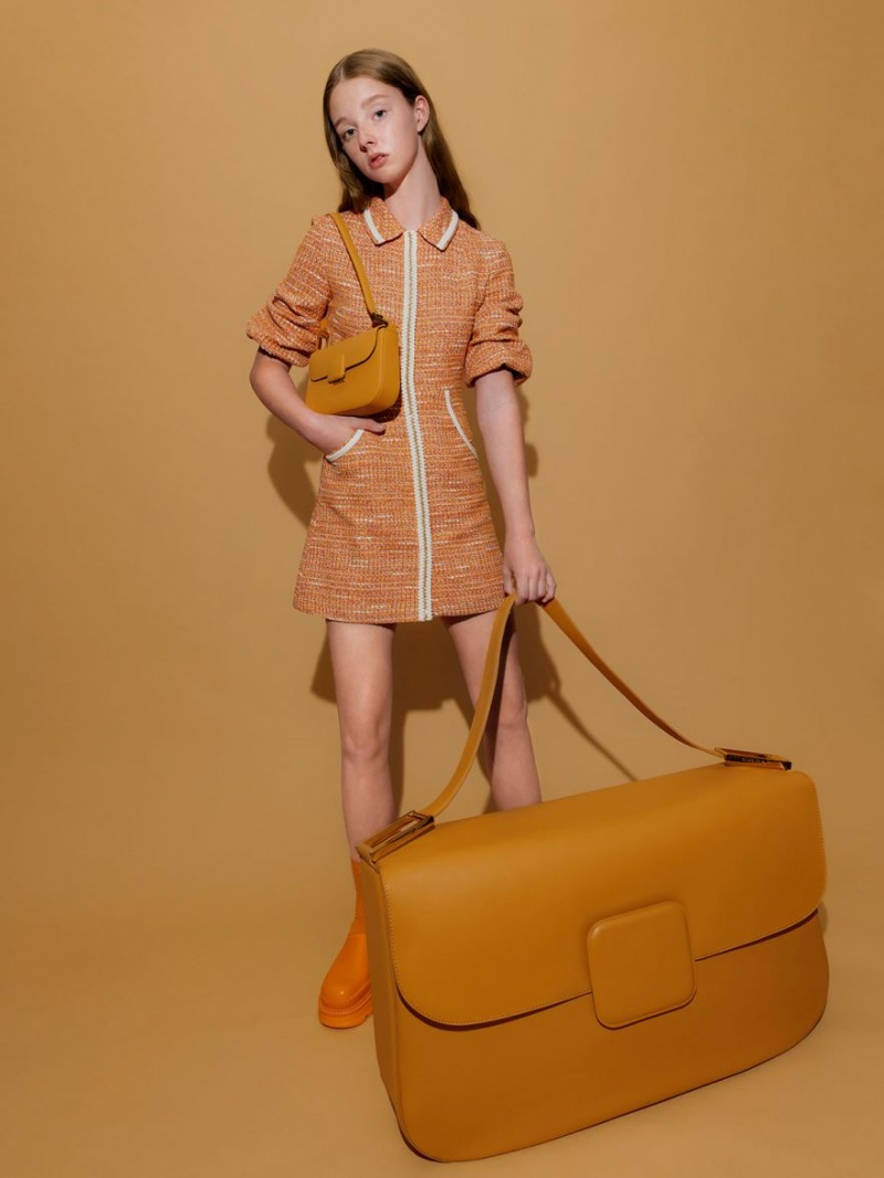 τσάντεσ ώμου Charles And Keith Koa Square Push-Lock πορτοκαλι | 78563-CRMY