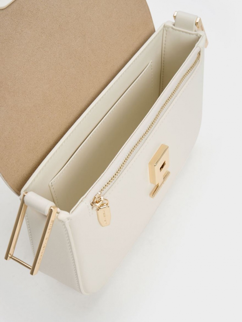 τσάντεσ ώμου Charles And Keith Koa Square Push-Lock κρέμα | 76320-TGOY