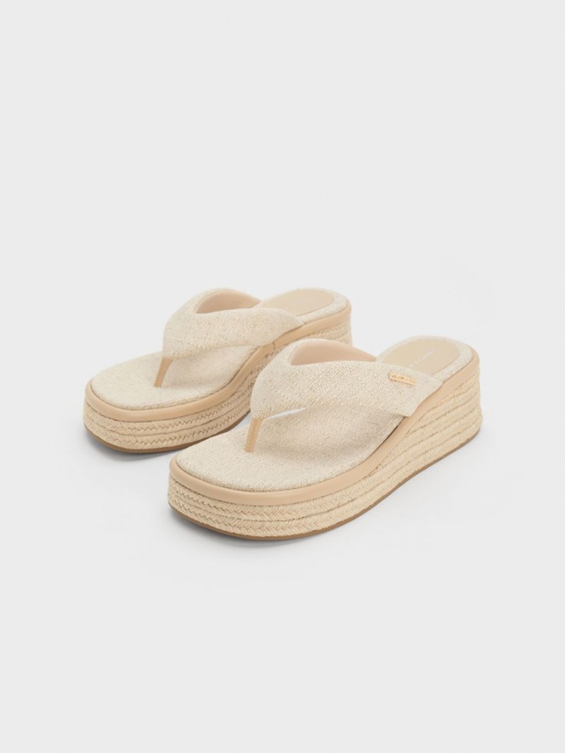 παπουτσια πλατφορμα Charles And Keith Linen εσπαντριγιεσ Στρινγκ Μπεζ | 29140-CLRE