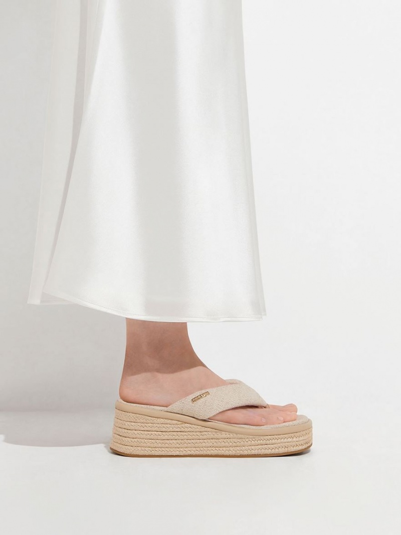 παπουτσια πλατφορμα Charles And Keith Linen εσπαντριγιεσ Στρινγκ Μπεζ | 29140-CLRE