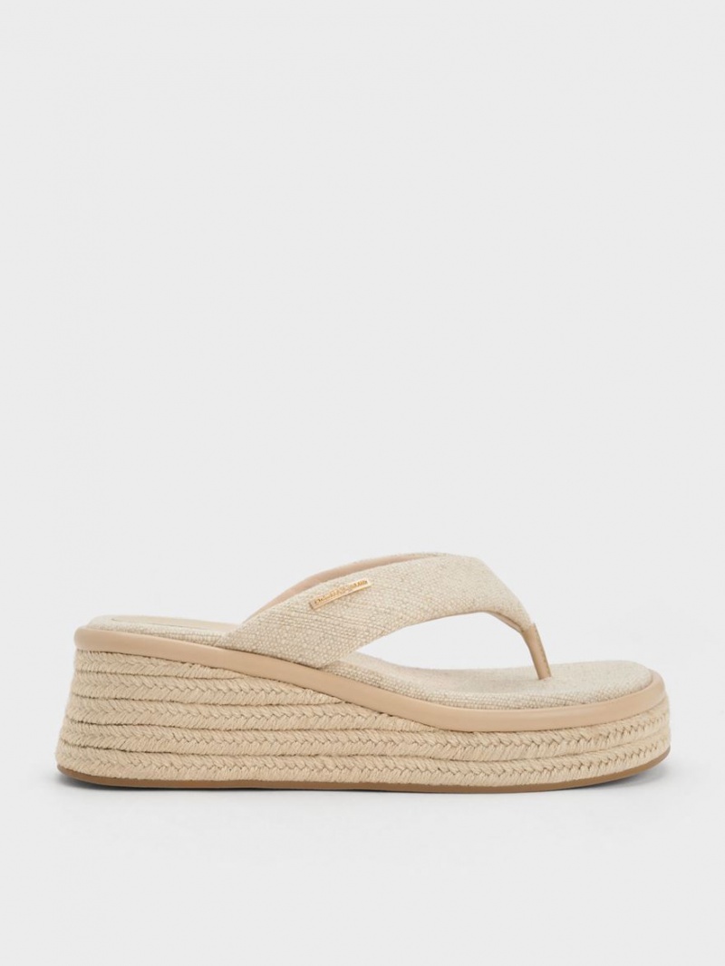 παπουτσια πλατφορμα Charles And Keith Linen εσπαντριγιεσ Στρινγκ Μπεζ | 29140-CLRE