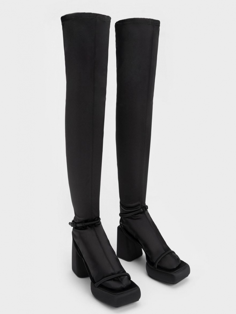 ψηλεσ μποτεσ Charles And Keith Lucile Satin Thigh μαυρα | 72635-JBQR