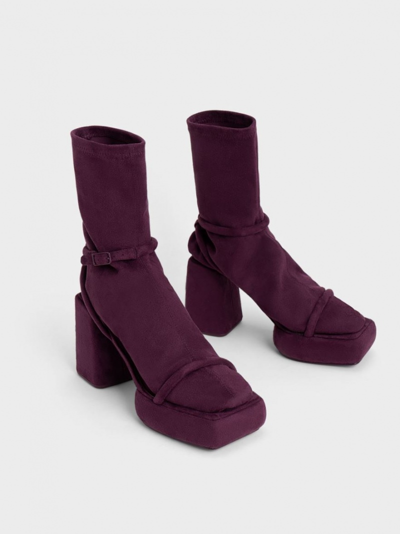 μποτα πλατφορμα Charles And Keith Lucile Textured Calf μπορντο | 02678-SQNJ