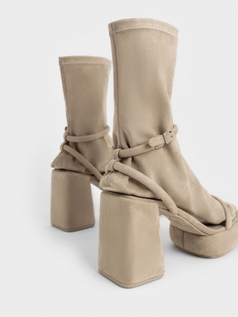 μποτα πλατφορμα Charles And Keith Lucile Textured Calf Μπεζ | 47206-FQBJ