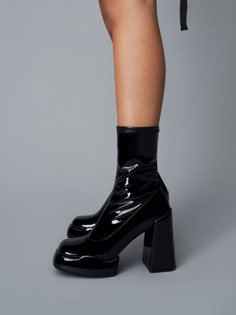 μποτεσ τακουνια Charles And Keith Lula λουστρινι Block μαυρα | 04869-HCBG