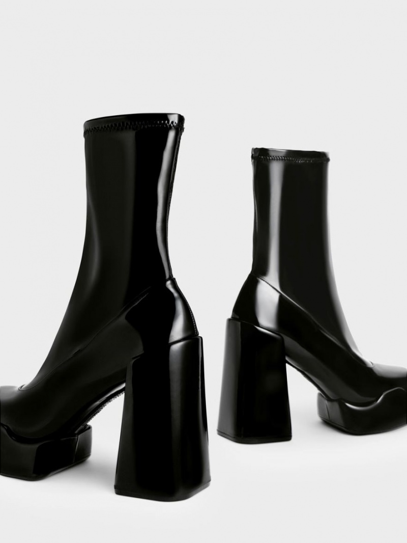 μποτεσ τακουνια Charles And Keith Lula λουστρινι Block μαυρα | 04869-HCBG