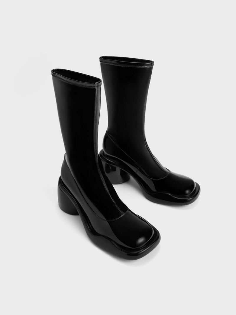μποτεσ τακουνια Charles And Keith Lula λουστρινι Χοντρός Calf μαυρα | 06514-LQZG