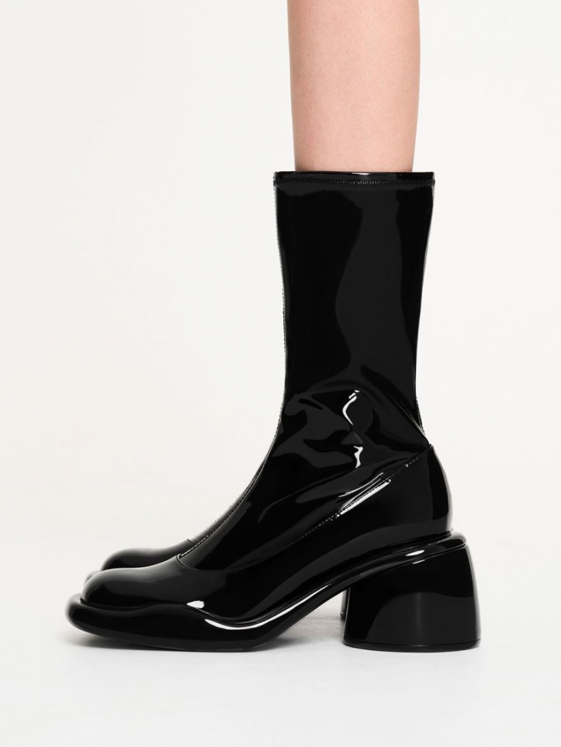 μποτεσ τακουνια Charles And Keith Lula λουστρινι Χοντρός Calf μαυρα | 06514-LQZG