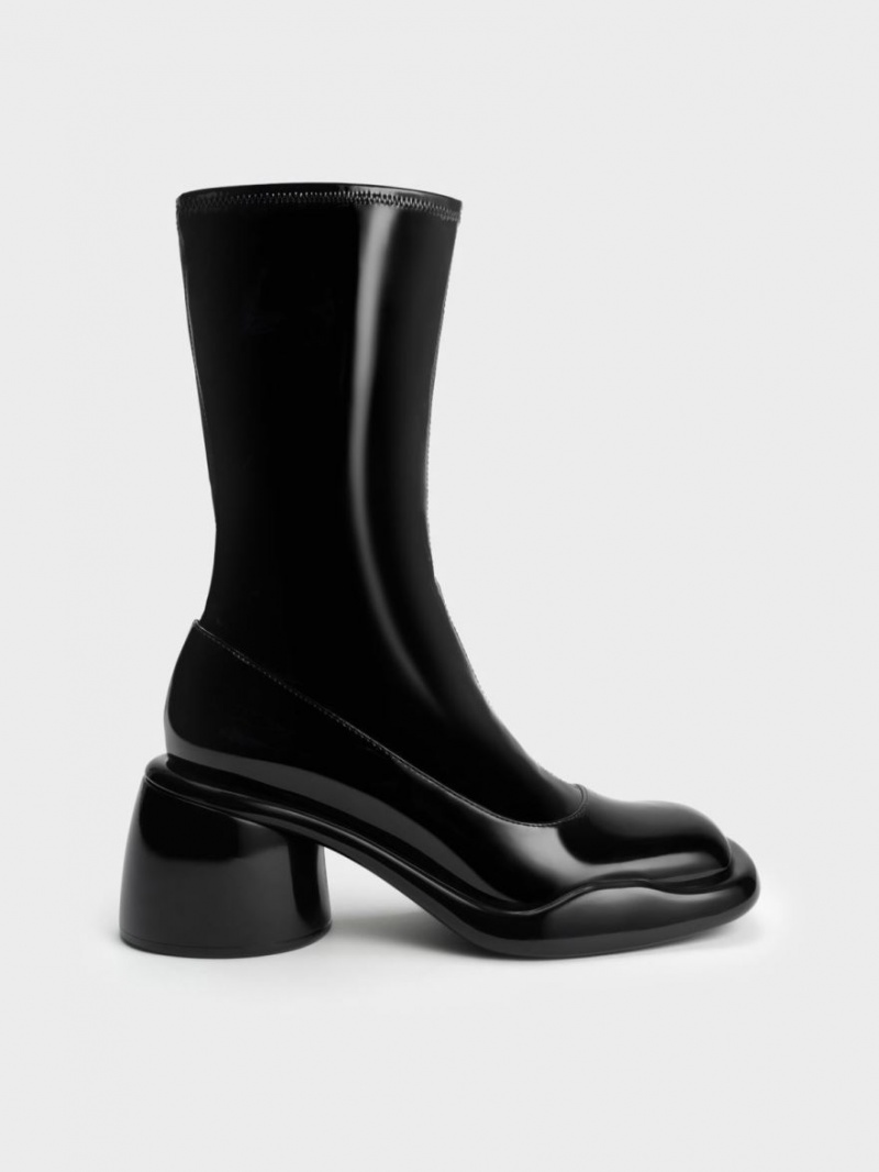 μποτεσ τακουνια Charles And Keith Lula λουστρινι Χοντρός Calf μαυρα | 06514-LQZG