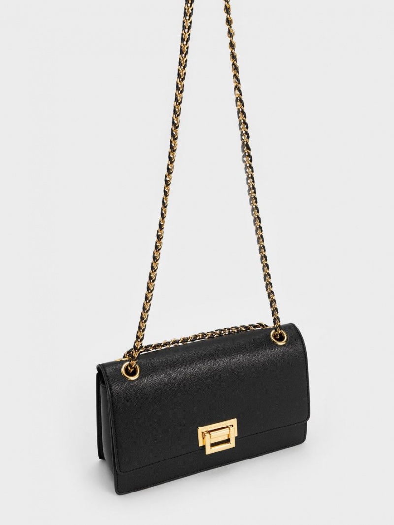 τσάντεσ ώμου Charles And Keith Metallic Accent Front Flap μαυρα | 19026-DSOK