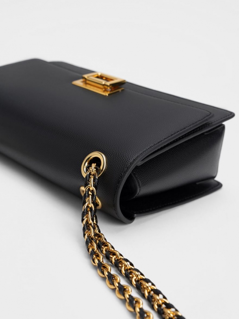 τσάντεσ ώμου Charles And Keith Metallic Accent Front Flap μαυρα | 19026-DSOK
