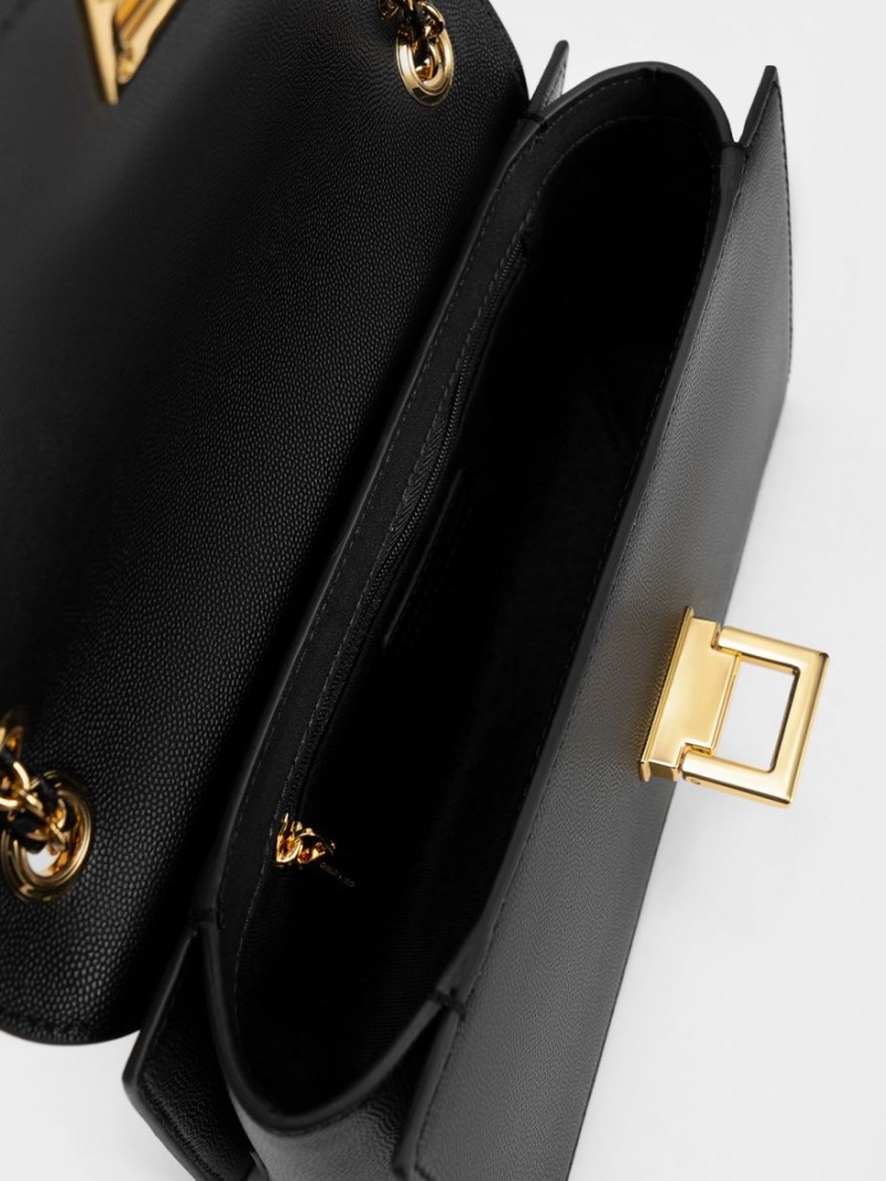τσάντεσ ώμου Charles And Keith Metallic Accent Front Flap μαυρα | 19026-DSOK