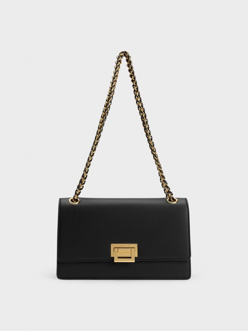 τσάντεσ ώμου Charles And Keith Metallic Accent Front Flap μαυρα | 19026-DSOK