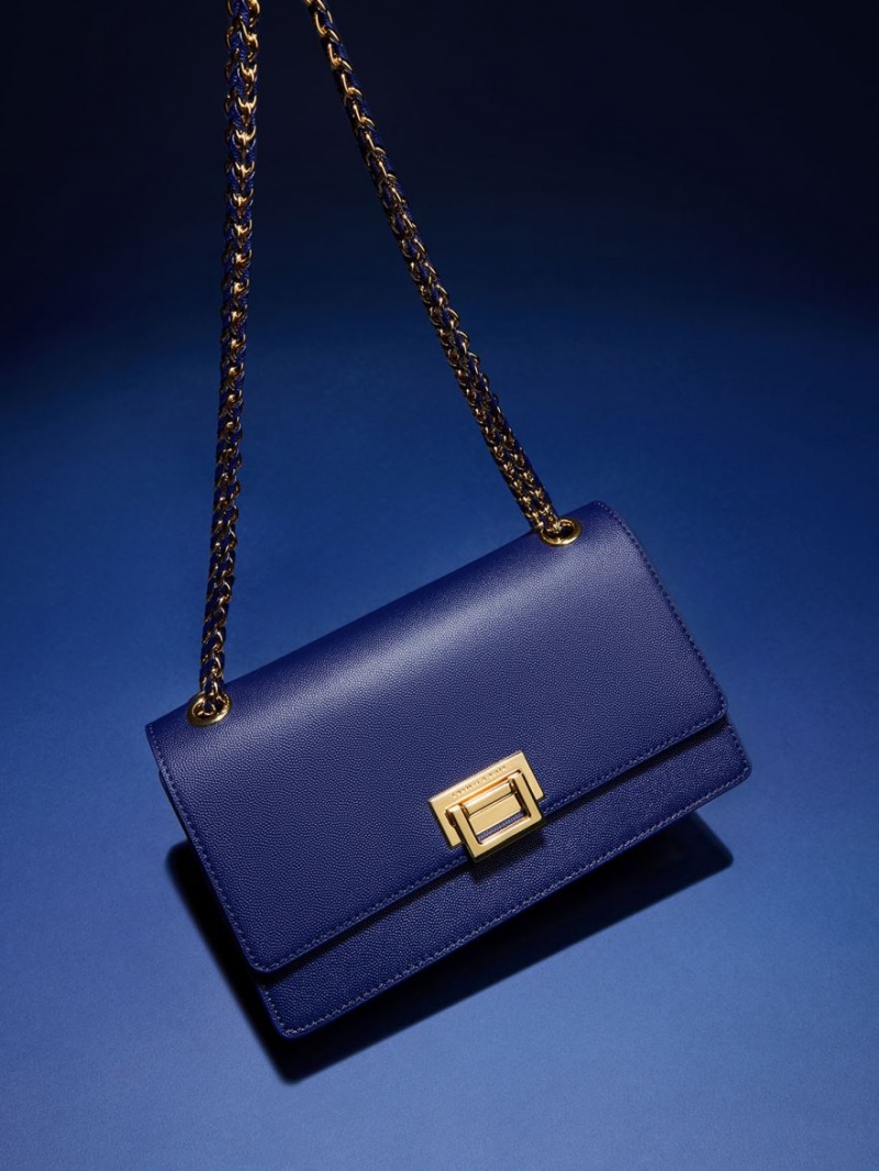 τσάντεσ ώμου Charles And Keith Metallic Accent Front Flap σκουρο μπλε | 12645-HKAM