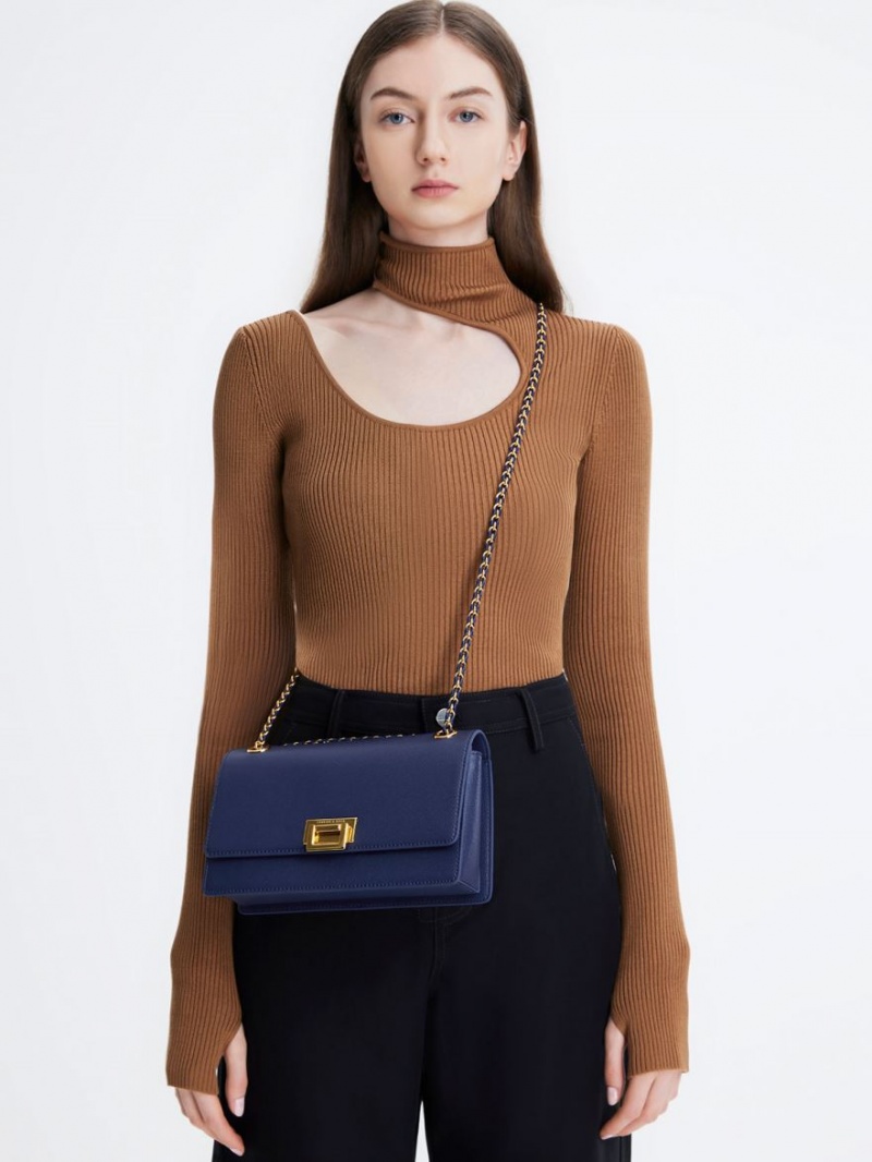 τσάντεσ ώμου Charles And Keith Metallic Accent Front Flap σκουρο μπλε | 12645-HKAM