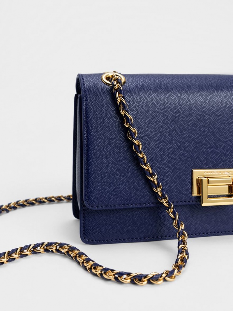 τσάντεσ ώμου Charles And Keith Metallic Accent Front Flap σκουρο μπλε | 12645-HKAM