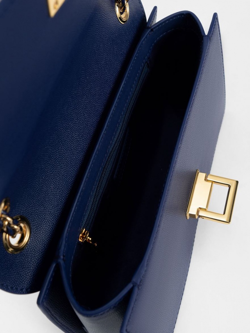 τσάντεσ ώμου Charles And Keith Metallic Accent Front Flap σκουρο μπλε | 12645-HKAM