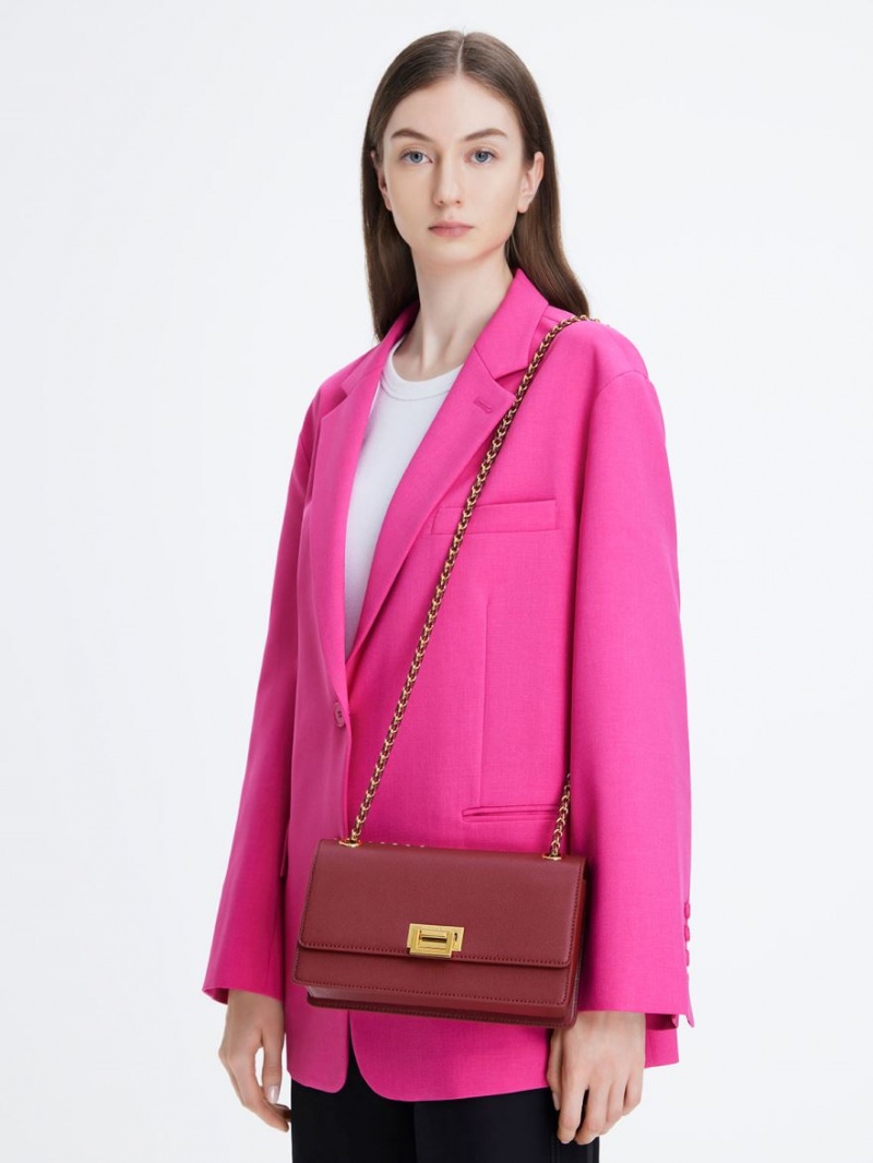 τσάντεσ ώμου Charles And Keith Metallic Accent Front Flap μπορντο | 15304-FACE