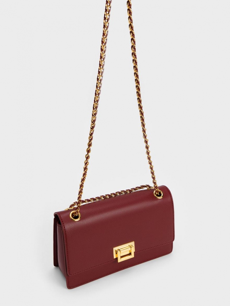 τσάντεσ ώμου Charles And Keith Metallic Accent Front Flap μπορντο | 15304-FACE
